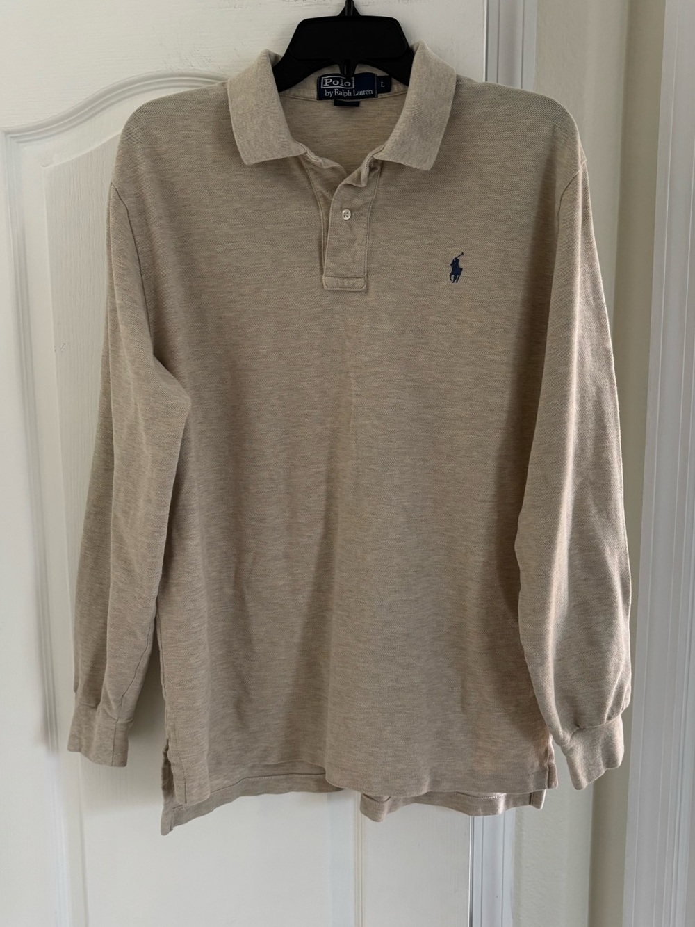 Men’s Polo by Ralph Lauren Long-Sleeve Polo in Light Beige with Navy Logo